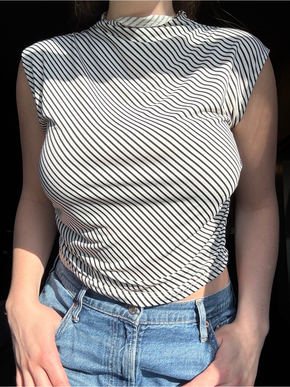 H&M Black & White Diagonal Striped Mock Neck Tank